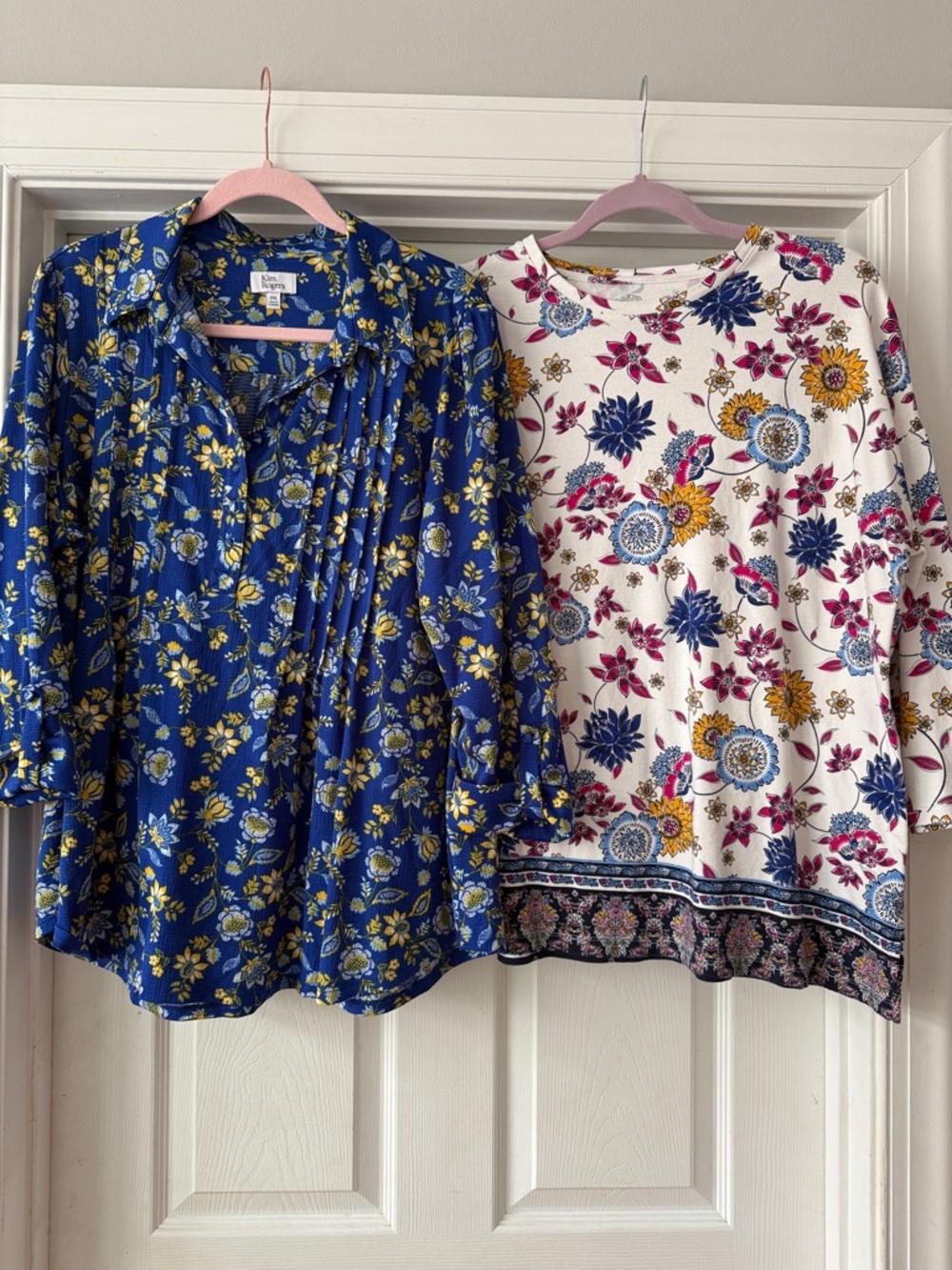 Kim Rogers Floral Mixed-Print Blouses - Blue & White